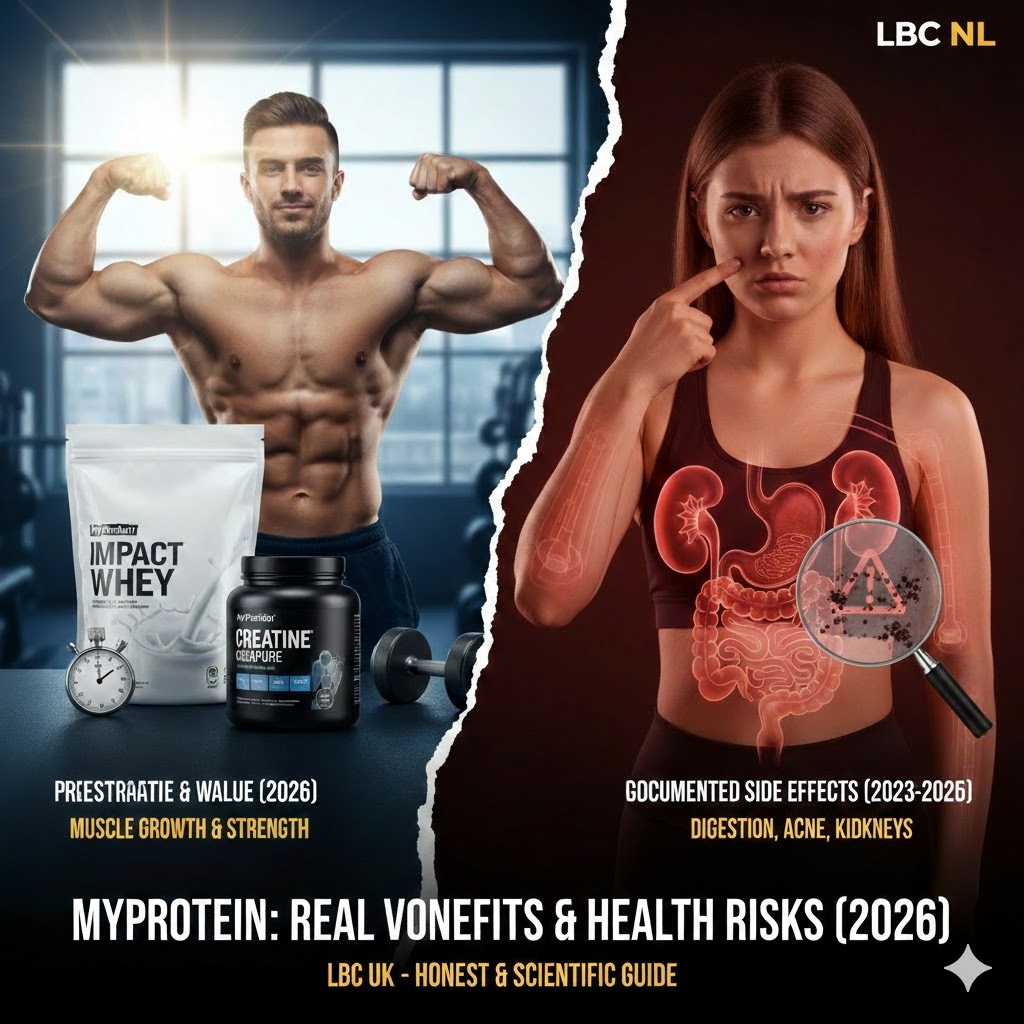 Visuele samenvatting van MyProtein supplementen: prijs-kwaliteit, gezondheidsrisico's, wetenschappelijk bewijs en minimalistische strategie.