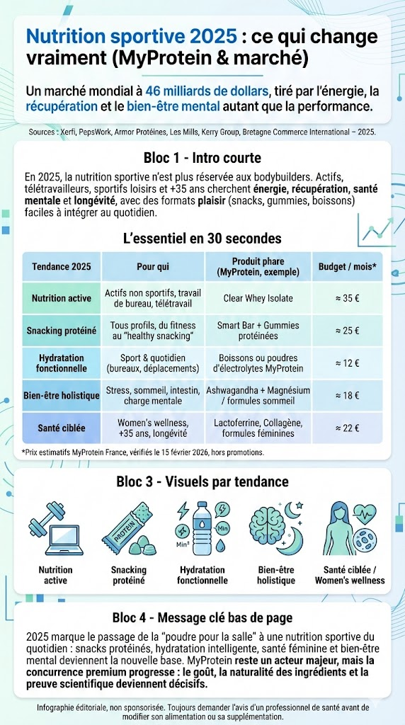 Infographie sur les tendances de la nutrition sportive en 2025, avec les principaux axes MyProtein : nutrition active, snacking protéiné, hydratation fonctionnelle, bien-être holistique et santé ciblée.
