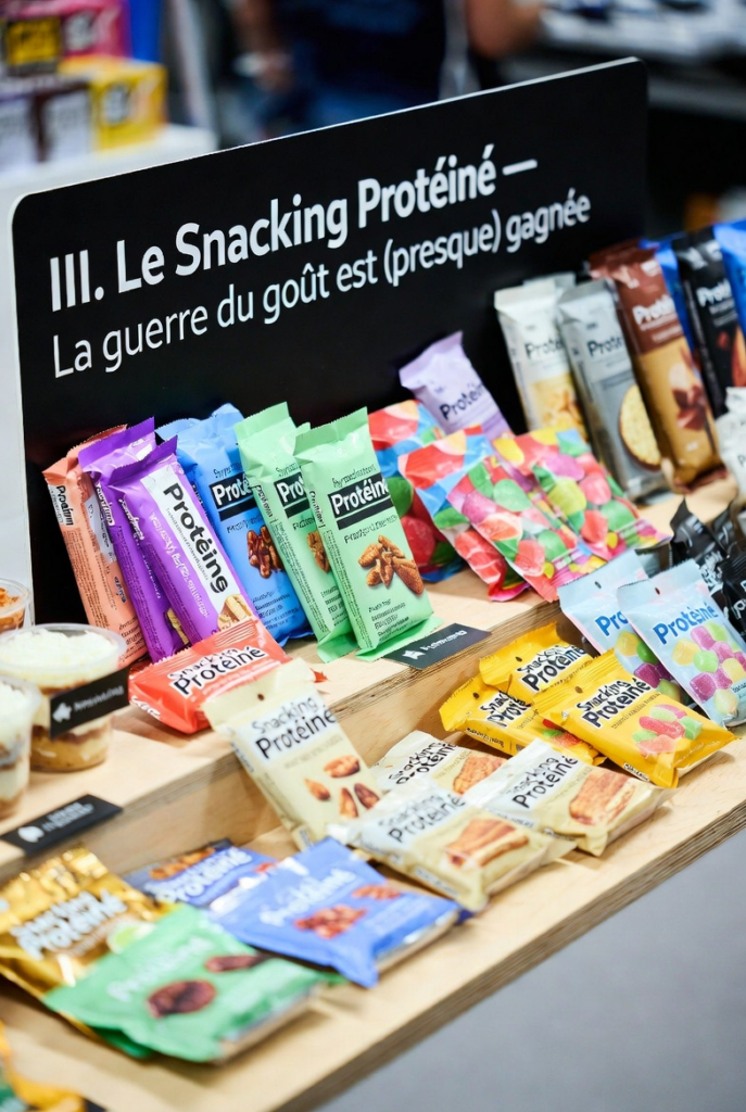 Rayon de supermarché présentant une variété de barres, gummies et snacks protéinés colorés, avec un panneau indiquant "III. Le Snacking Protéiné — La guerre du goût est (presque) gagnée", illustrant l'évolution positive du goût dans les produits hyperprotéinés selon Armor Protéines (jan. 2025).