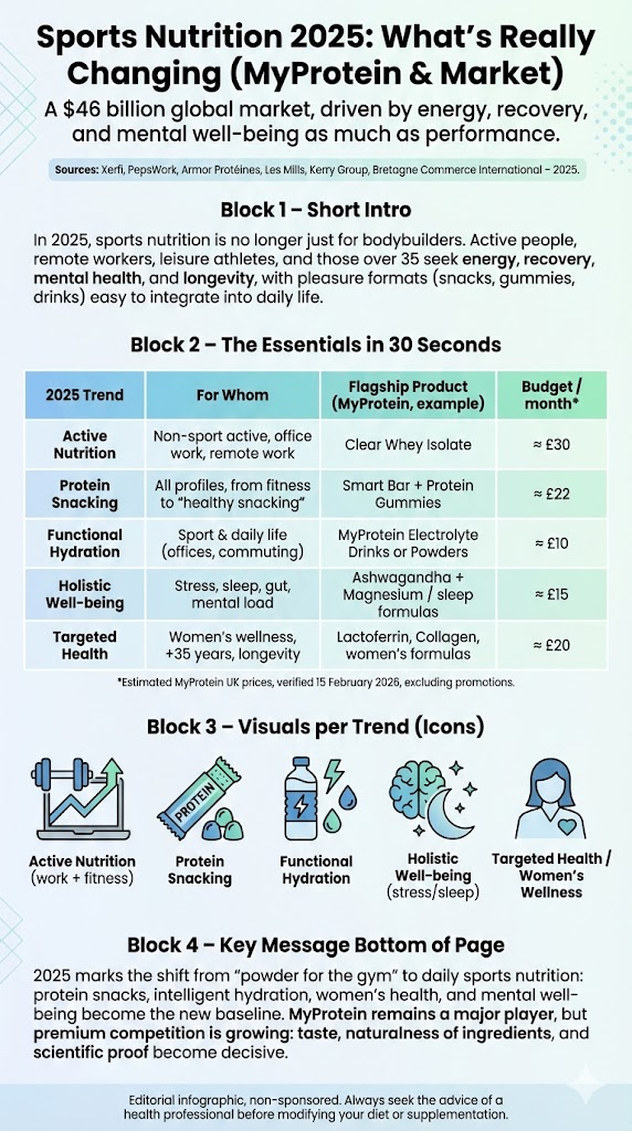 MyProtein 2025 sports nutrition trends infographic: comparison table showing products (Clear Whey, Smart Bar, Ashwagandha), target audiences, and estimated monthly budgets.