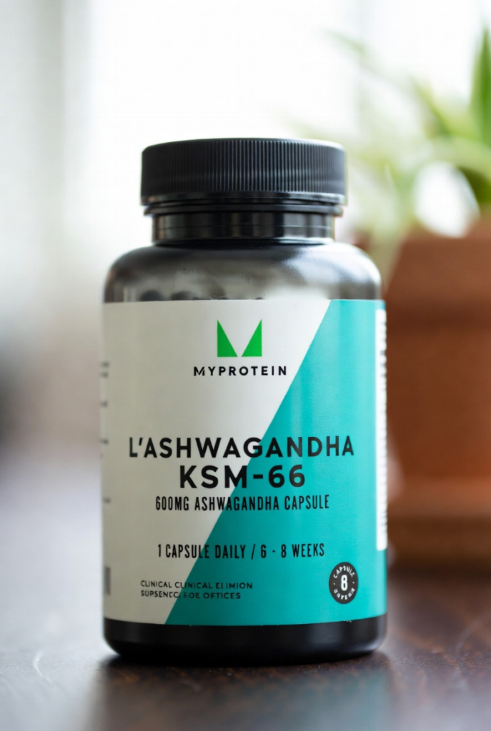 Turquoise MyProtein bottle of Ashwagandha KSM-66 at 600mg per capsule, indicating