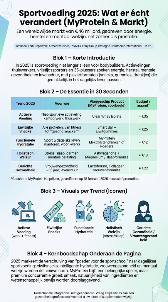 Infographic sportvoeding trends 2025 MyProtein: vergelijkingstabel met producten (Clear Whey, Smart Bar, Ashwagandha), doelgroepen en geschatte maandelijkse budgetten.