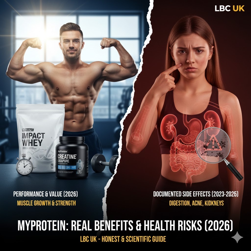 LBC UK infographic showing the duality of MyProtein supplements: Left side features a muscular athlete with Impact Whey and Creatine for performance; right side highlights health warnings with diagrams of the digestive system, kidneys, and skin acne.