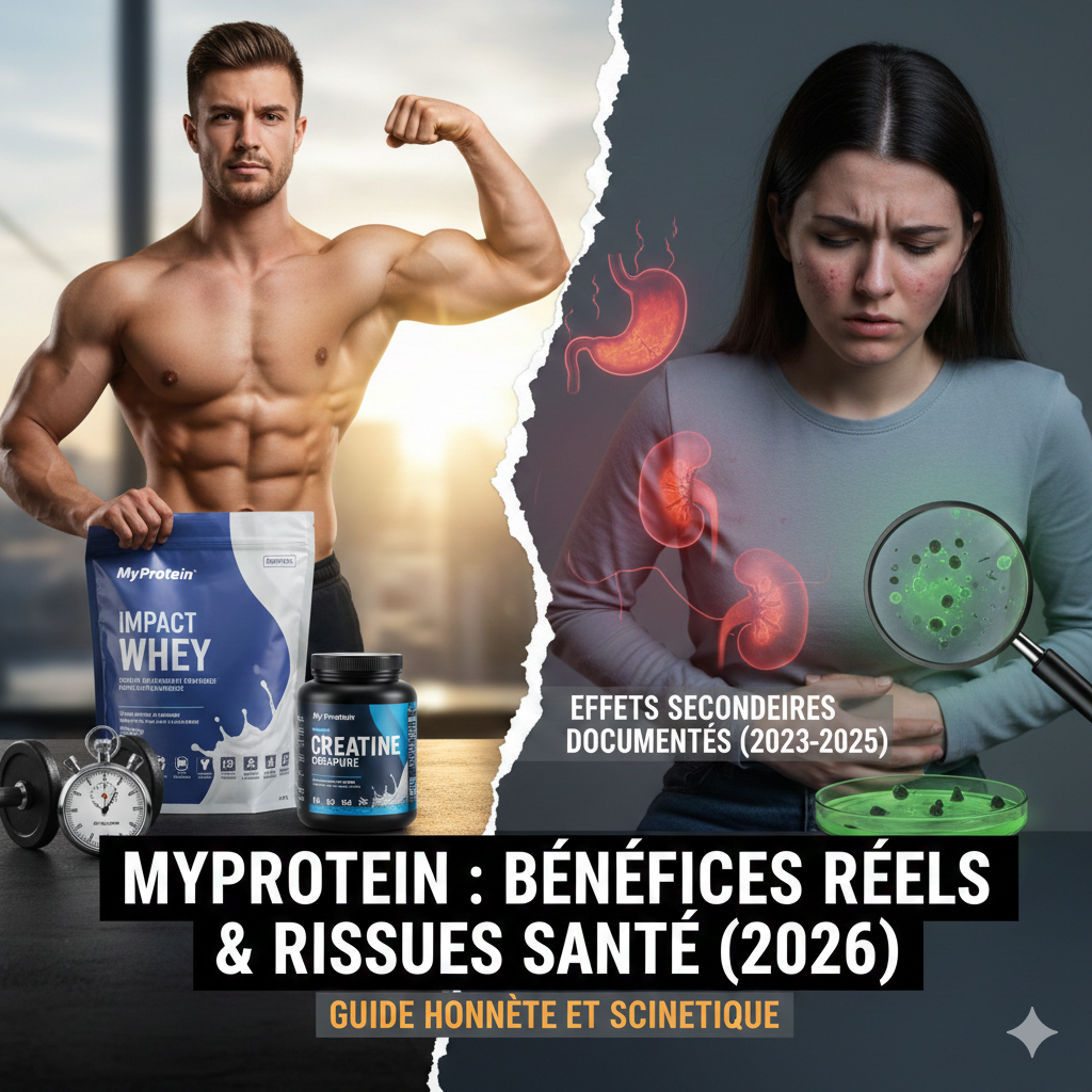 Infographie comparative MyProtein montrant d'un côté un athlète musclé avec des compléments Impact Whey et Créatine, et de l'autre les effets secondaires potentiels : schémas d'estomac (digestion), de reins et visage avec acné, illustrant le guide santé 2026.