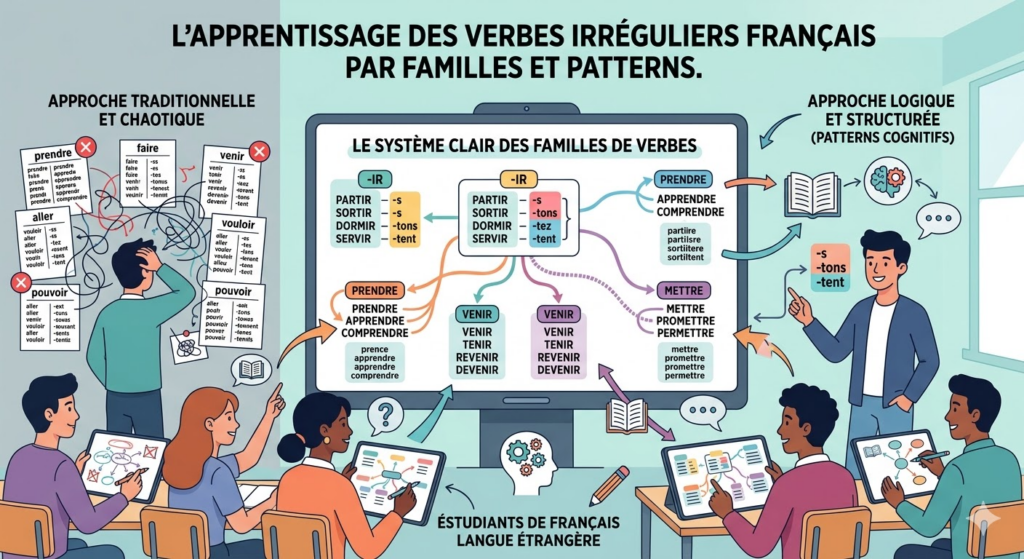 Educational infographic contrasting chaotic learning of French irregular verbs on the left with a structured family‑pattern approach (partir, dormir, servir) on the right, showing FLE students.