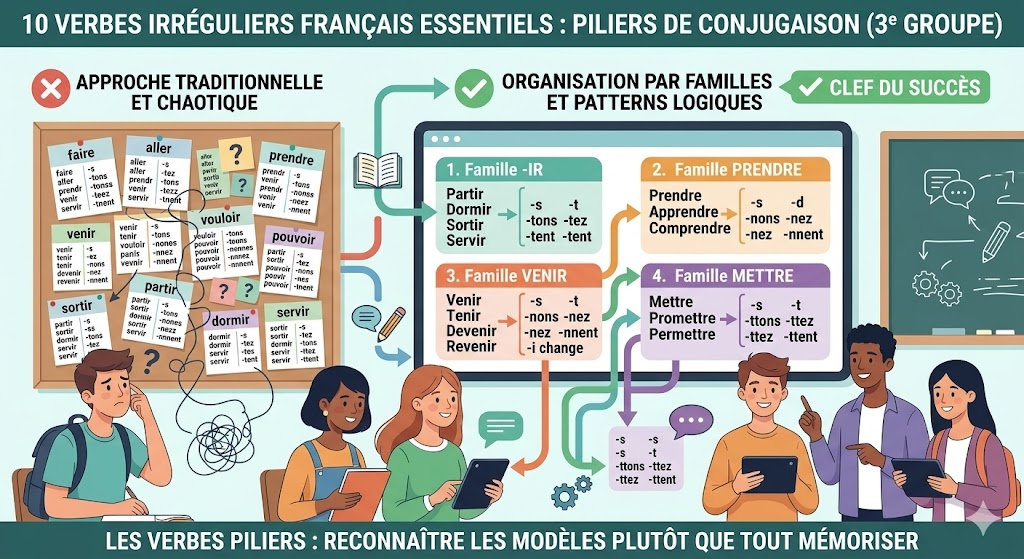 Educational infographic comparing a chaotic conjugation table on the left with a clean family‑based layout (‑IR, PRENDRE, VENIR, METTRE) on the right, showing FLE students using tablets.