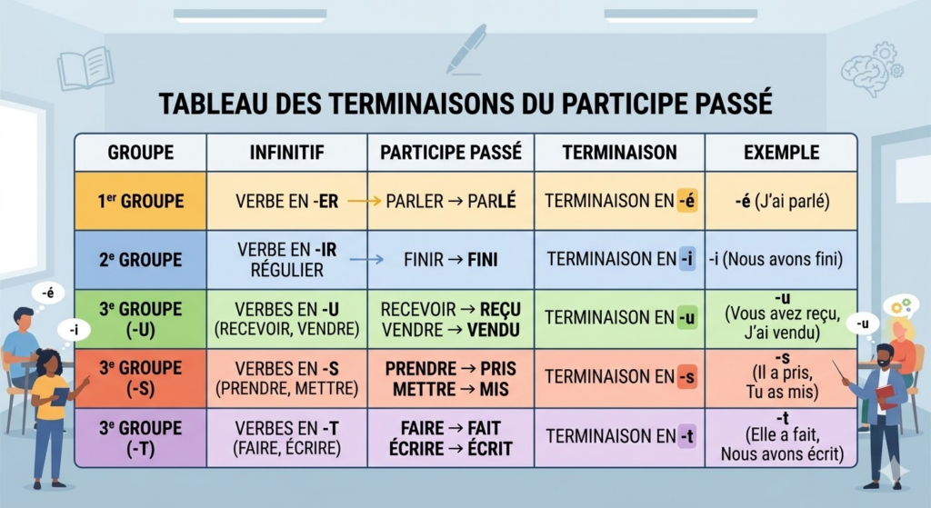 clear visual table of past participle endings by verb group, showing -&eacute;, -i, -u, -s, -t with color‑coded examples