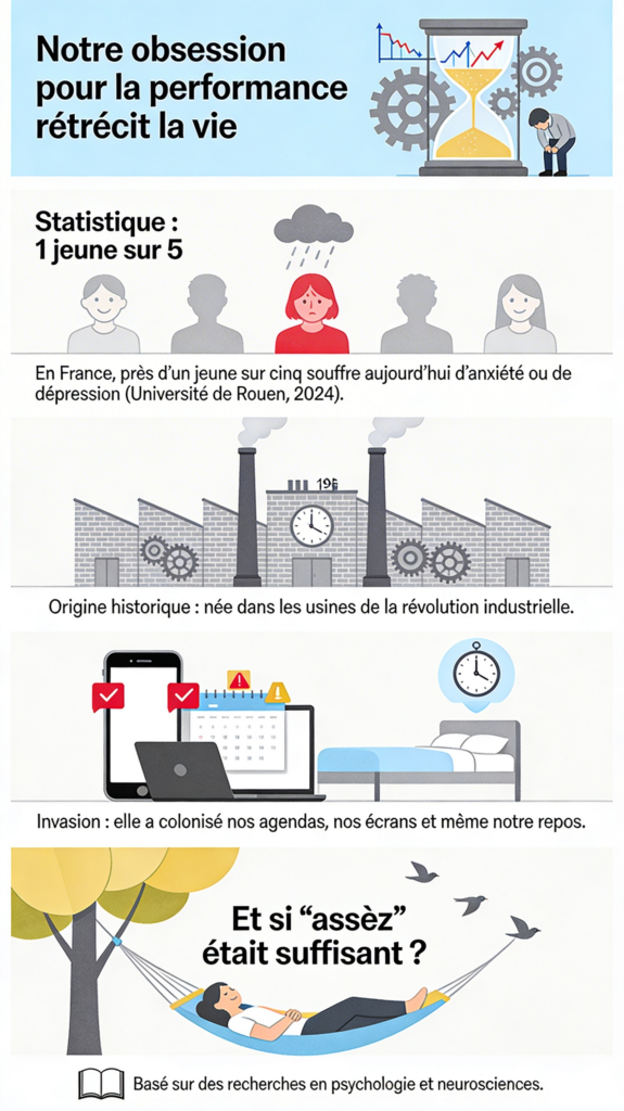 Infographie verticale intitulée « La pression de la performance », montrant statistiques sur l’anxiété des jeunes, origine industrielle, envahissement des écrans et invitation à redéfinir ce qui est « assez ».
