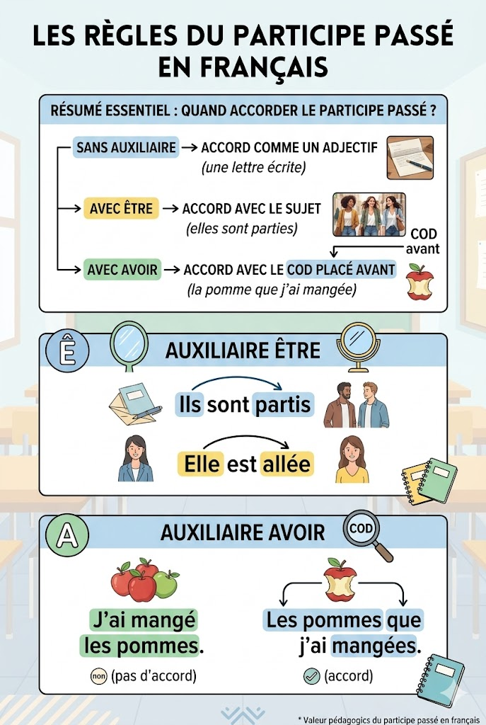 infographic of French past participle agreement rules, showing three main cases (no auxiliary, &ecirc;tre, avoir) with pastel icons