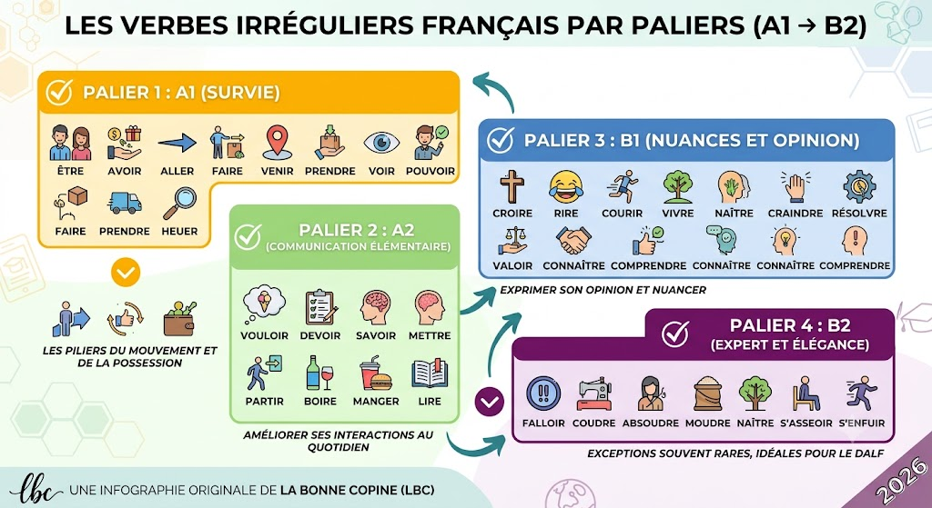 verbes irreguliers francais liste par paliers A1 A2 B1 B2 infographie LBC