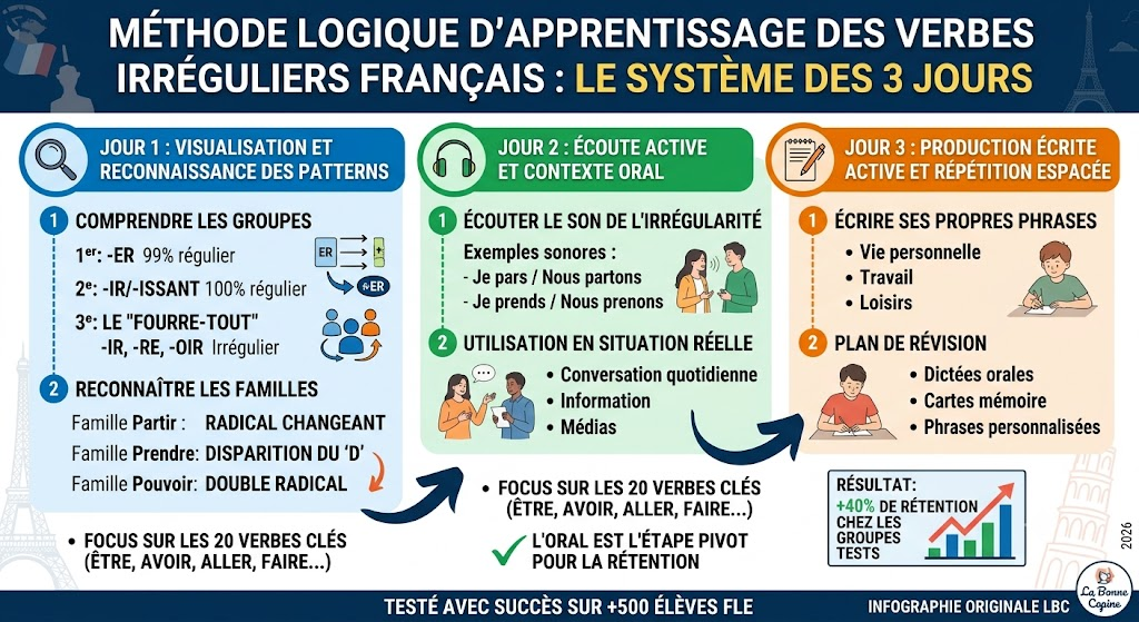 Verbes irreguliers francais methode apprentissage systeme 3 jours infographie LBC