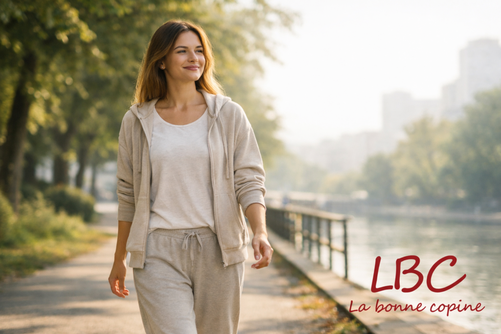  Person walking calmly along a tree-lined path, dressed in comfortable clothing, smiling and relaxed, illustrating a gentle and accessible activity that supports daily well-being / labonnecopine.com.