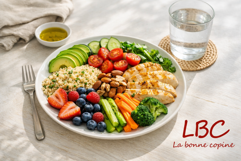  Colourful plate of fresh fruit, vegetables, nuts and protein, placed on a bright table with a glass of water, illustrating simple, healthy and balanced everyday nutrition / labonnecopine.com.