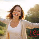 Lachende vrouw in de buitenlucht, armen wijd onder natuurlijk licht, die vreugde, balans en positieve energie uitstraalt, met het logo « LBC – La bonne copine » rechtsonder / labonnecopine.com.