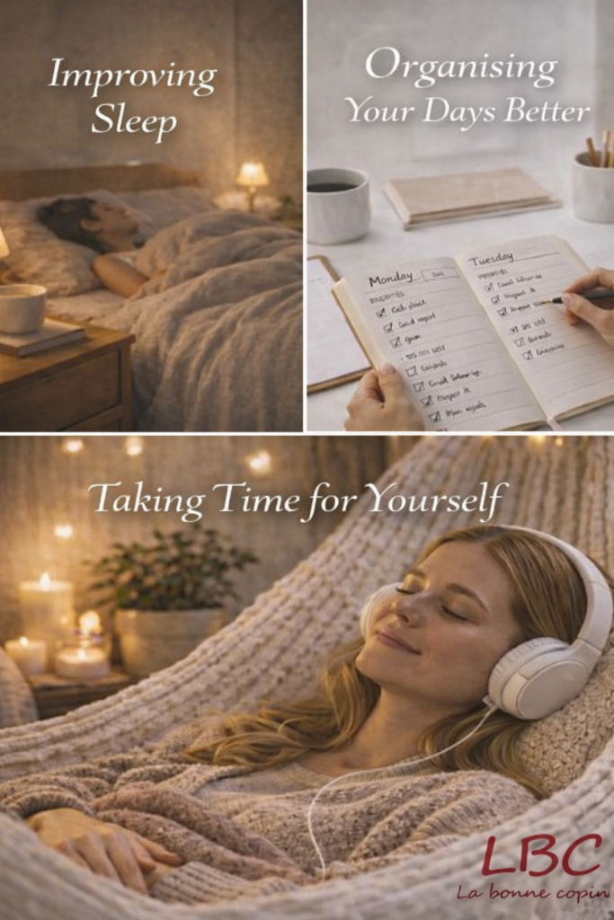 Vertical collage illustrating three well-being habits: a woman sleeping peacefully, a person planning their week in a diary, and a woman relaxing in a hammock with headphones. &ldquo;LBC La bonne copine&rdquo; logo at the bottom right / labonnecopine.com.
