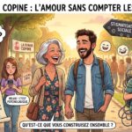 Illustration humoristique et colorée montrant un couple avec un écart d'âge (femme aînée) marchant joyeusement dans un parc, entouré de bulles de pensée déconstruisant les clichés sociétaux comme "Sugar Daddy" ou "Cougar" au profit d'une dynamique de vie épanouie.