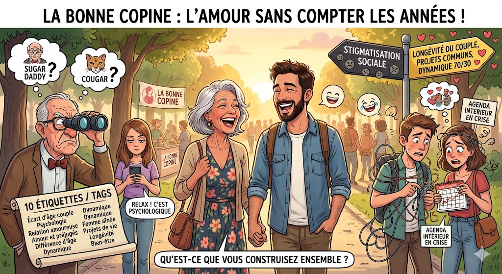 Illustration humoristique et colorée montrant un couple avec un écart d'âge (femme aînée) marchant joyeusement dans un parc, entouré de bulles de pensée déconstruisant les clichés sociétaux comme "Sugar Daddy" ou "Cougar" au profit d'une dynamique de vie épanouie.
