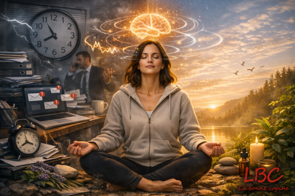 Person seated at the centre of a contrasting image: on the left, a chaotic environment with notifications, a clock, and tension; on the right, a calm, light-filled space symbolising serenity. Around the head, waves illustrate the workings of stress and its transformation into balance / labonnecopine.com.
