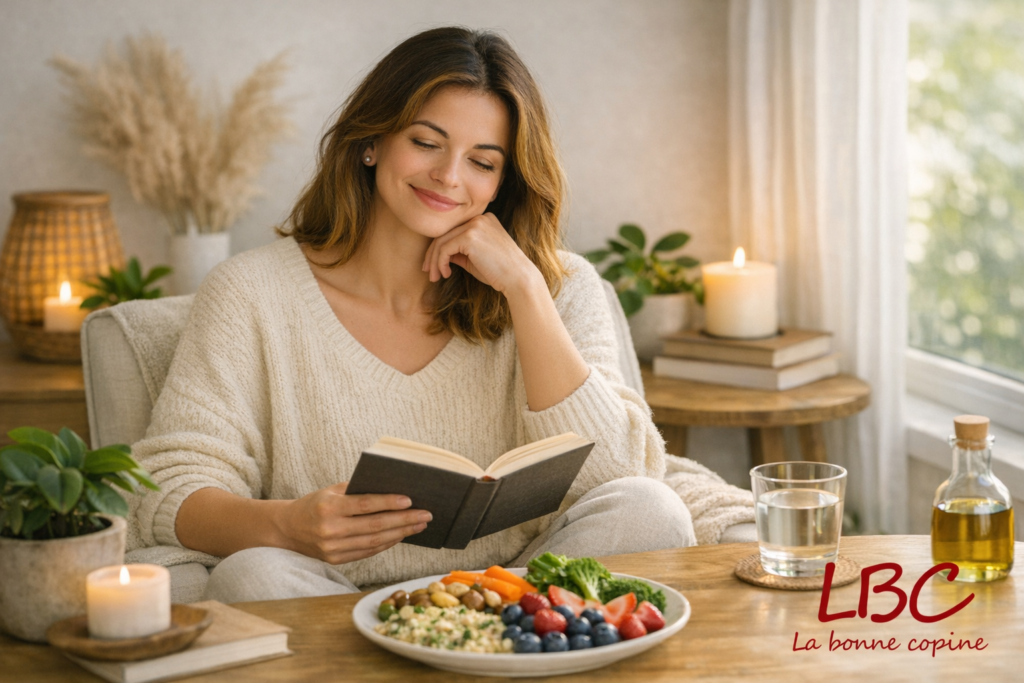 Ontspannen en glimlachende persoon in een lichte ruimte, omringd door planten, een boek en natuurlijke voeding, symbool van harmonie en de voordelen van kleine dagelijkse gewoonten voor een evenwichtige levensstijl / labonnecopine.com.