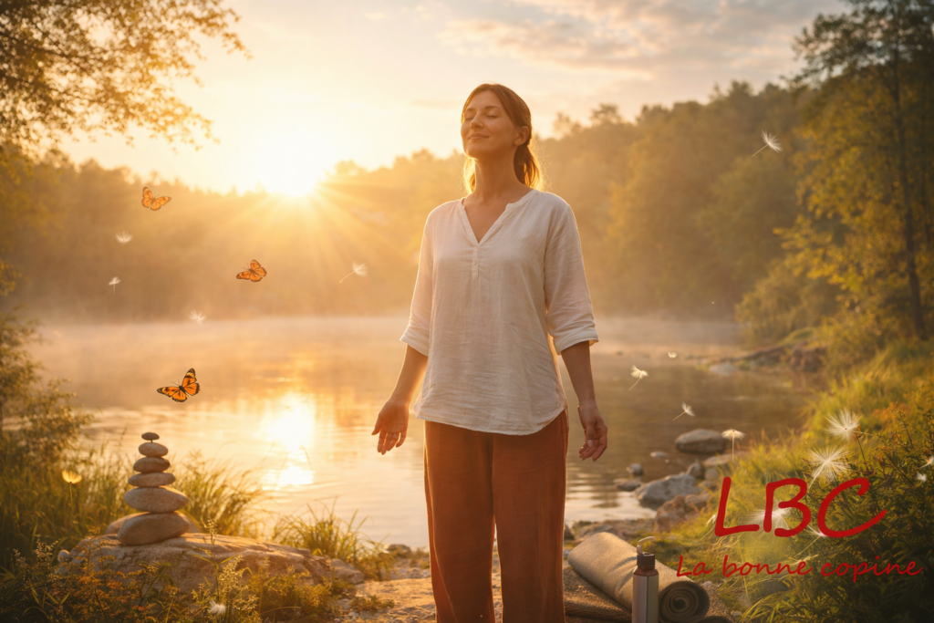 Persoon die bij zonsopgang in een rustgevend natuurlijk landschap staat, diep ademhalend met een zachte glimlach, als symbool van sereniteit en innerlijk evenwicht. LBC La bonne copine-logo rechtsonder / labonnecopine.com.

