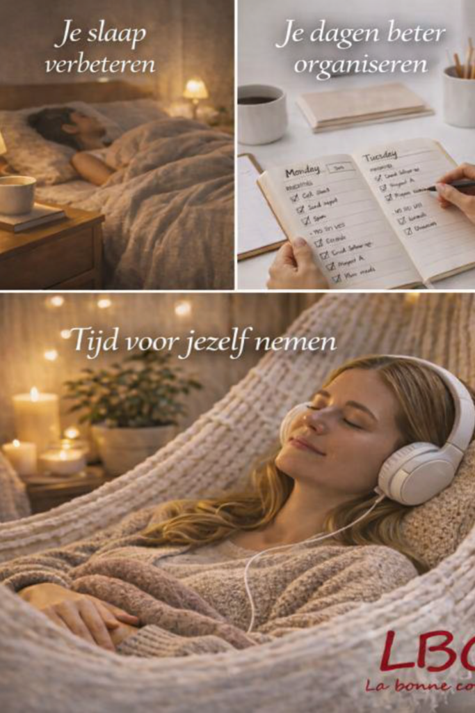 Verticale collage die drie welzijnsgewoonten illustreert: een vrouw die vredig slaapt, een persoon die zijn week plant in een dagboek, en een vrouw die ontspant in een hangmat met koptelefoon. &ldquo;LBC La bonne copine&rdquo;-logo rechtsonder / labonnecopine.com.
