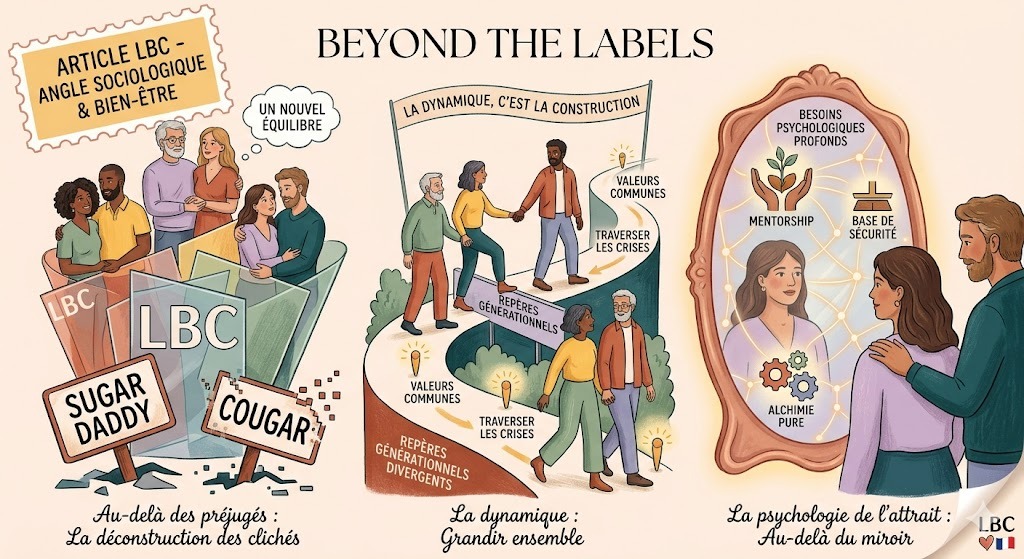 Sociological infographic from La Bonne Copine dismantling clich&eacute;s about age‑gap relationships.
