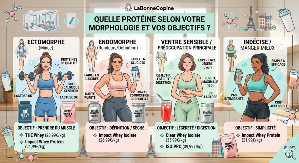 Infographie guide d'achat "LaBonneCopine" : Quelle protéine MyProtein choisir selon votre morphologie (ectomorphe mince, endomorphe rondeurs, ventre sensible) et vos objectifs de fitness (muscle, sèche, digestion, simplicité).