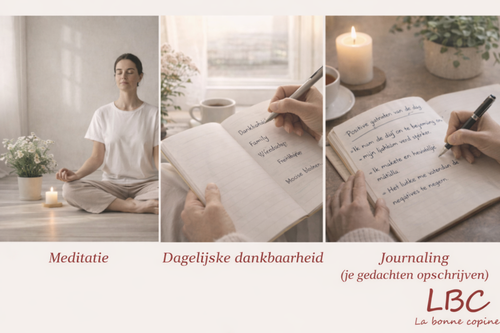 Collage dat drie welzijnspraktijken illustreert: meditatie, dagelijkse dankbaarheid en het opschrijven van gedachten, met het LBC La bonne copine-logo rechtsonder / labonnecopine.com.

