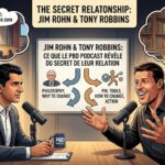 Illustration d'un studio de podcast où Patrick Bet-David interviewe Tony Robbins. Des bulles de pensée montrent Jim Rohn et une scène sur scène, avec un diagramme comparatif entre la philosophie de Rohn et les outils d'action de Robbins.