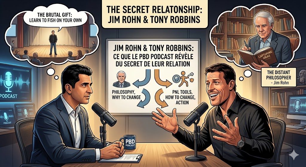 Illustration d'un studio de podcast où Patrick Bet-David interviewe Tony Robbins. Des bulles de pensée montrent Jim Rohn et une scène sur scène, avec un diagramme comparatif entre la philosophie de Rohn et les outils d'action de Robbins.