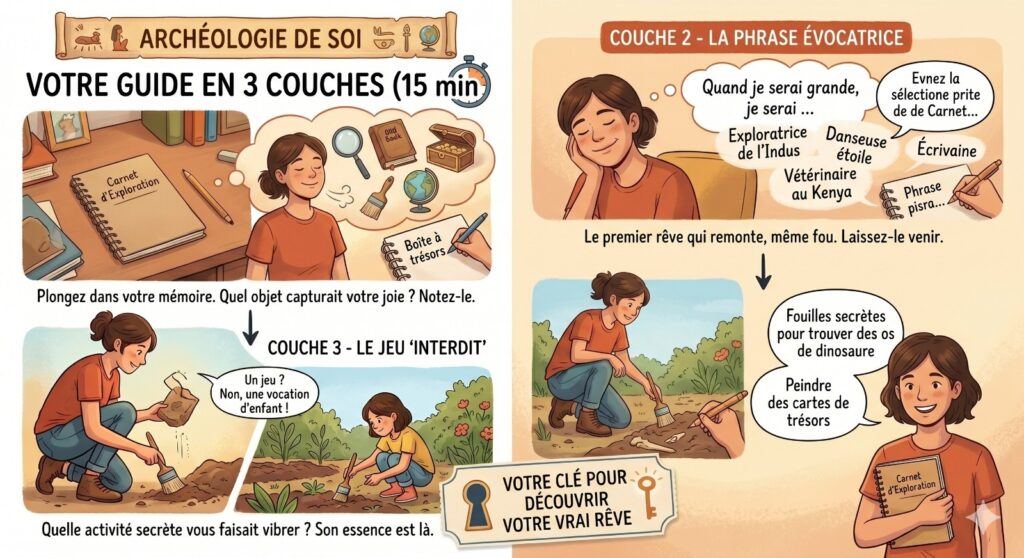 Infographie de l'exercice Archéologie de Soi en 3 étapes : objets d'enfance, phrases cultes et jeux secrets pour retrouver ses rêves.