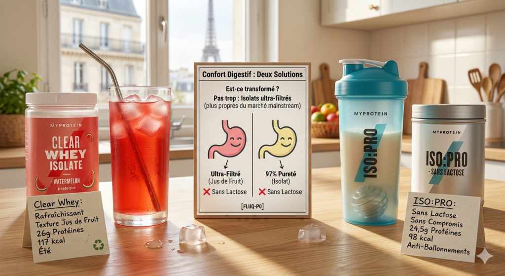 Photographie comparative de deux boissons MyProtein : un verre de Clear Whey Isolate saveur Pastèque (rouge, avec glaçons) et un shaker de ISO:PRO (blanc, sans lactose). Les pots de protéines sont visibles sur un plan de travail en bois.