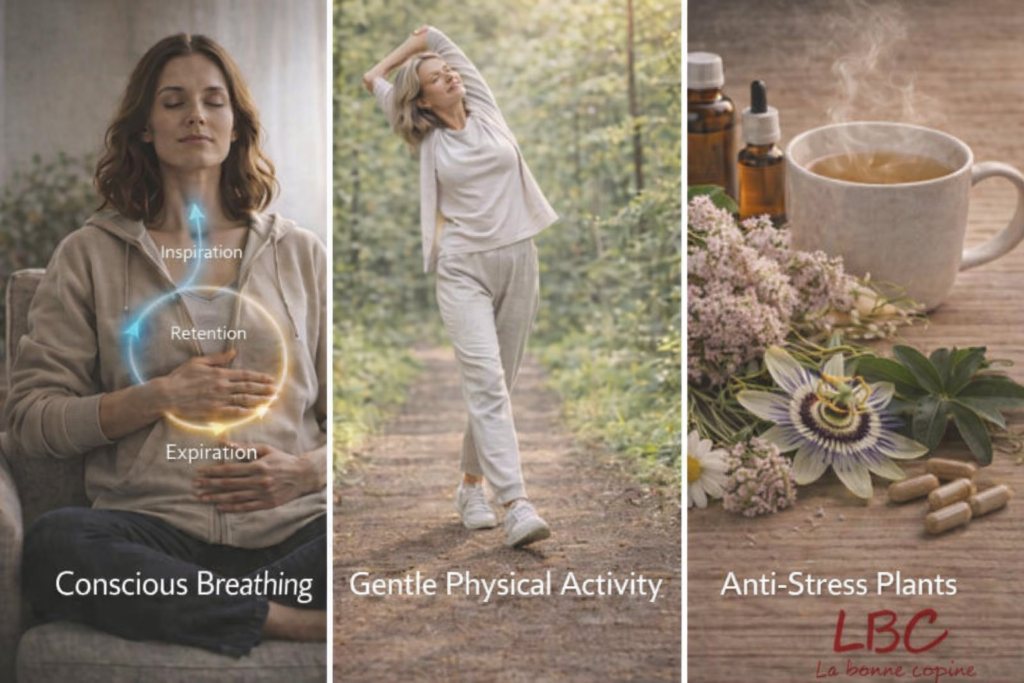Collage illustrating three natural methods to reduce stress: mindful breathing, gentle physical activity in the forest, and anti-stress plants on a wooden table / labonnecopine.com.
