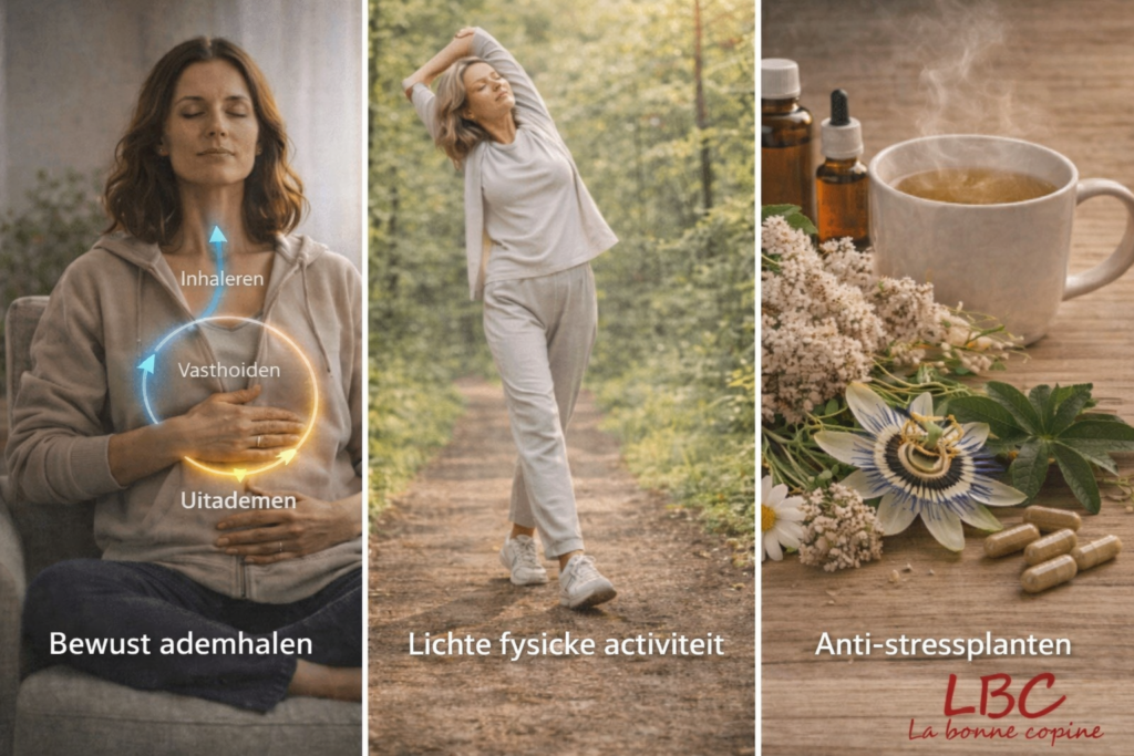 Collage die drie natuurlijke methoden illustreert om stress te verminderen: bewust ademhalen, zachte fysieke activiteit in het bos en anti-stressplanten op een houten tafel / labonnecopine.com. 
