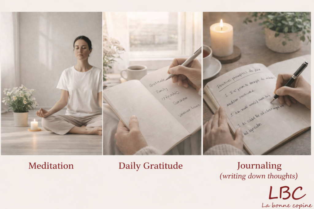 Collage illustrating three well-being practices: meditation, daily gratitude, and journaling of thoughts, with the LBC La bonne copine logo at the bottom right / labonnecopine.com.
