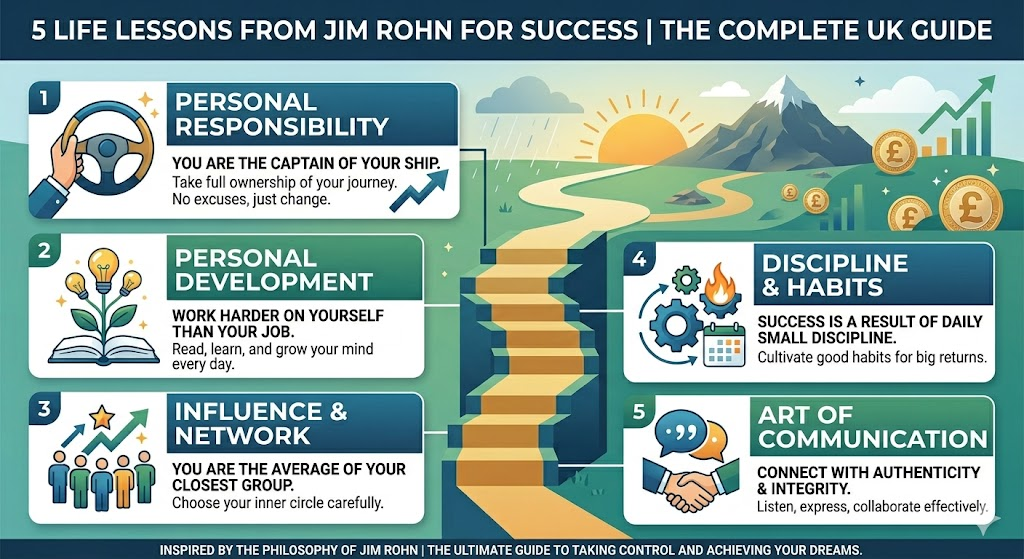 An educational infographic titled '5 Life Lessons from Jim Rohn for Success | The Complete UK Guide'. It depicts a progression: a hand on a steering wheel, a growing plant book, a group with arrows, gears and a calendar, and a handshake. The central path leads to a mountain and a sun with large GBP £ coin icons. Detailed sections are numbered 1 to 5 with titles, icons, and text in English.