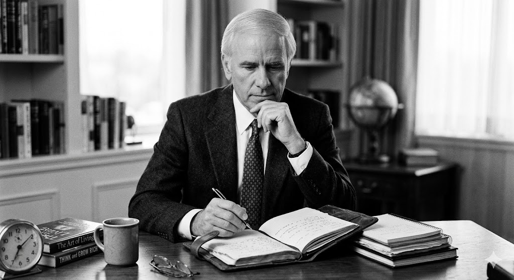 Black‑and‑white portrait of Jim Rohn at his desk, writing thoughtfully in an open leather journal. He wears a suit, surrounded by books and an alarm clock, illustrating his habit of capturing fleeting ideas.