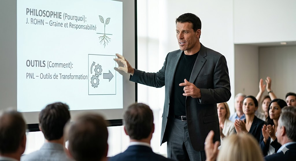 Tony Robbins on stage explaining the synergy between Jim Rohn&rsquo;s responsibility philosophy and John Grinder&rsquo;s NLP tools for personal transformation.