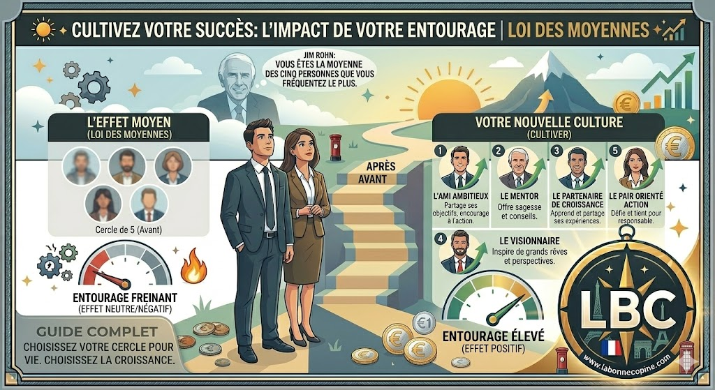 Infographic die de impact van je omgeving op succes vergelijkt, met een &lsquo;Cercle des 5&rsquo; voor en na optimalisatie