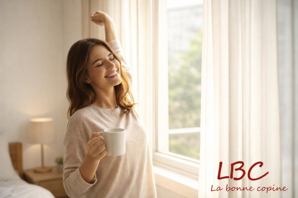  Smiling person near a window bathed in natural light, gently stretching with a cup in hand in a minimalist bedroom, symbolising a calm and balanced morning routine / labonnecopine.com.