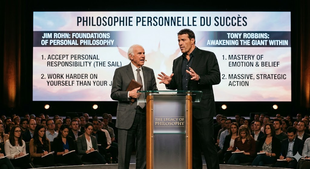 Jim Rohn en Tony Robbins op een podium voor een groot scherm met de titel &lsquo;Persoonlijke succesfilosofie&rsquo;