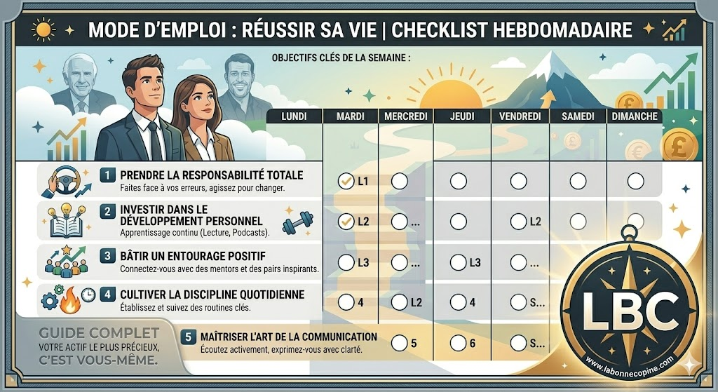 Infographic: WEEKLIJKS CHECKLIST &ndash; RICHTING GEVONDEN IN DE 5 Jim Rohn PRINCIPES