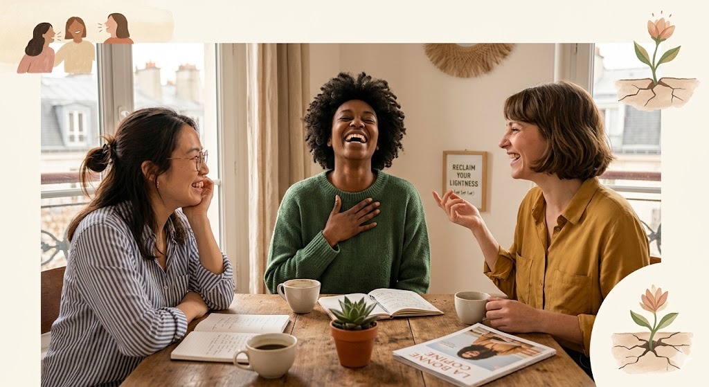 Three close friends laughing around a kitchen table in a Paris apartment, embodying lightness and letting go.