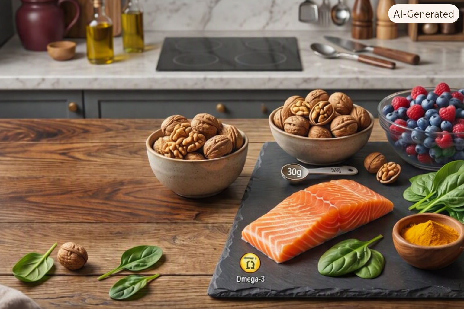 Een close-up foto van een houten keukentafel met een selectie gezonde 'Brain Food' ingredi&euml;nten. Links staan kommetjes met walnoten. Rechts ligt een leisteen plank met een rauw stuk zalmfilet, verse spinaziebladeren, een kommetje met kurkuma en zwarte peperkorrels. Ernaast staat een maatlepel met '30g'. Op de achtergrond is een moderne keuken te zien. Er is tekst aanwezig: '30g', 'Omega-3' met een symbool, en '*Kurkuma : poivre requis pour absorption'. https://www.labonnecopine.com/