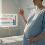 Femme enceinte tenant une cigarette avec tableau de risques médicaux flottant à côté d elle