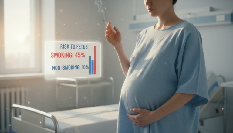 Femme enceinte tenant une cigarette avec tableau de risques médicaux flottant à côté d elle