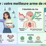 Infographie complète sur les bienfaits du rire montrant trois amies qui rient, des graphiques sur la baisse du cortisol et un programme d'exercices d'autodérision en 7 jours.