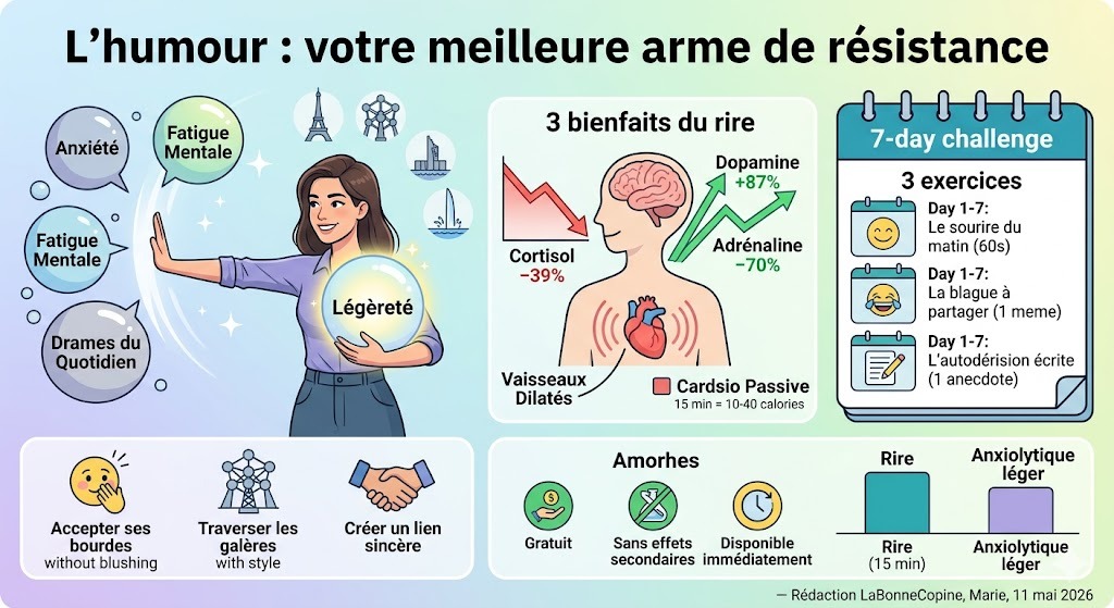 Infographie complète sur les bienfaits du rire montrant trois amies qui rient, des graphiques sur la baisse du cortisol et un programme d'exercices d'autodérision en 7 jours.