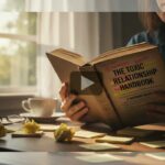 Une personne consulte attentivement un guide complet sur les relations toxiques avec des notes dispersées et des sections marquées