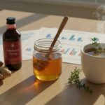 Collection de remèdes naturels contre la toux miel gingembre sirop de sureau thé aux herbes
